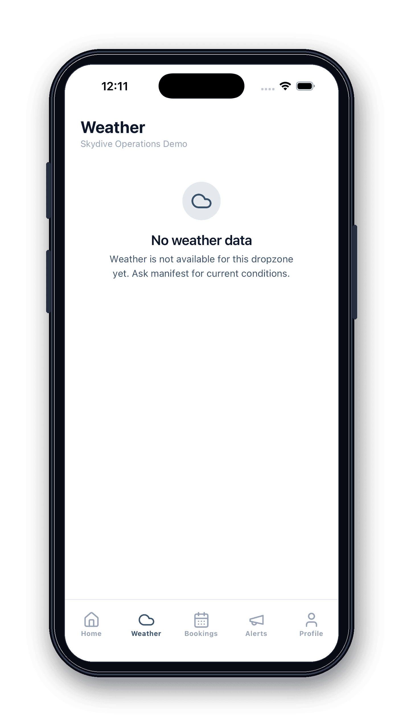 SkyLara mobile weather screen iPhone mockup.